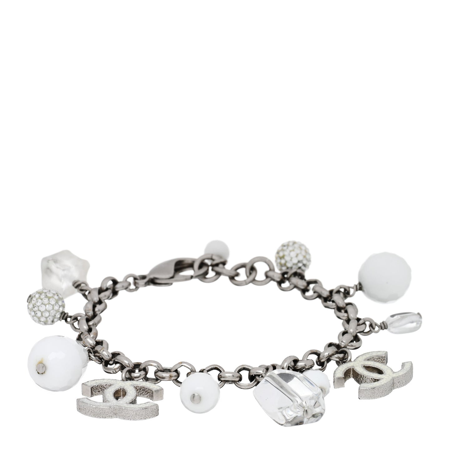 Enamel Crystal Beaded CC Bracelet Silver White