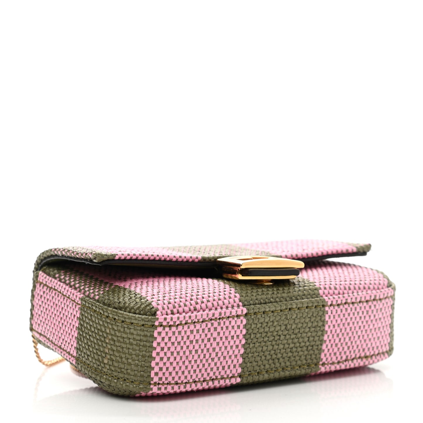Raffia Pequin Gingham Woven Nano Baguette Charm Verde Militare Rosa