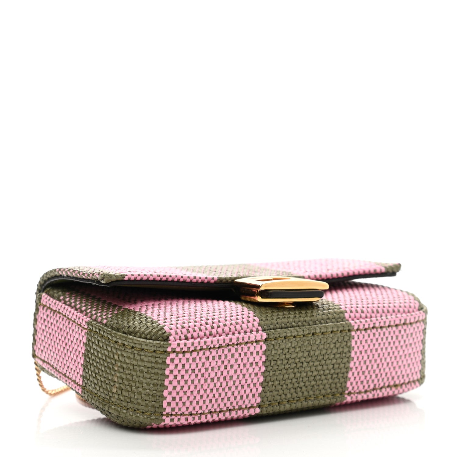 Fendi Raffia Pequin Gingham Woven Nano Baguette Charm Verde Militare Rosa 4 of 9