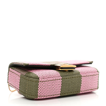 Fendi Raffia Pequin Gingham Woven Nano Baguette Charm Verde Militare Rosa 4 of 9