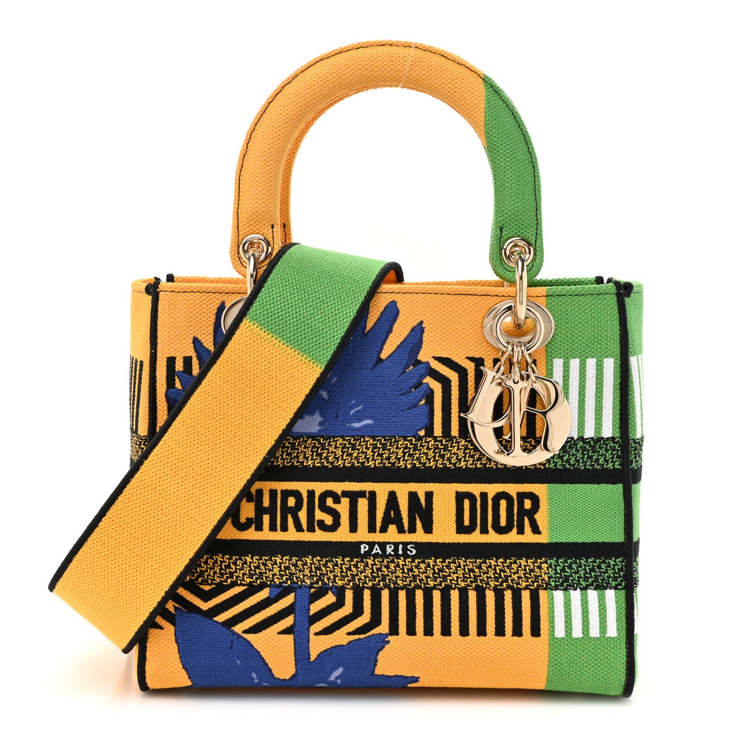 Christian Dior Canvas Embroidered Flower Pop Medium Lady D-Lite Bright Yellow Green 1 of 11