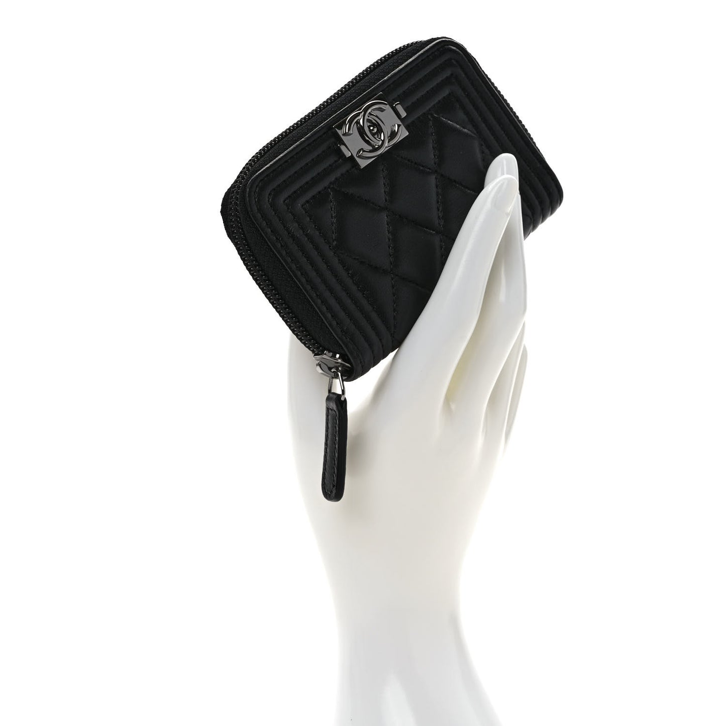 Lambskin Quilted Zip Around Boy Coin Purse Wallet Black
