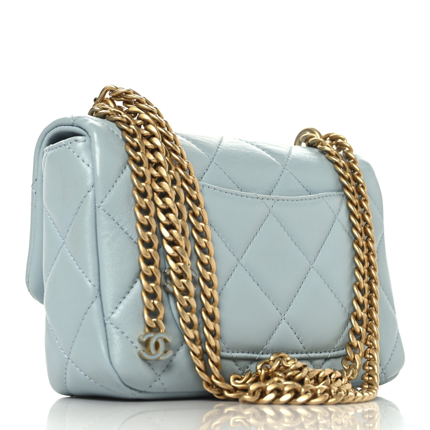 Lambskin Enamel Quilted Mini Pending CC Square Flap Light Blue