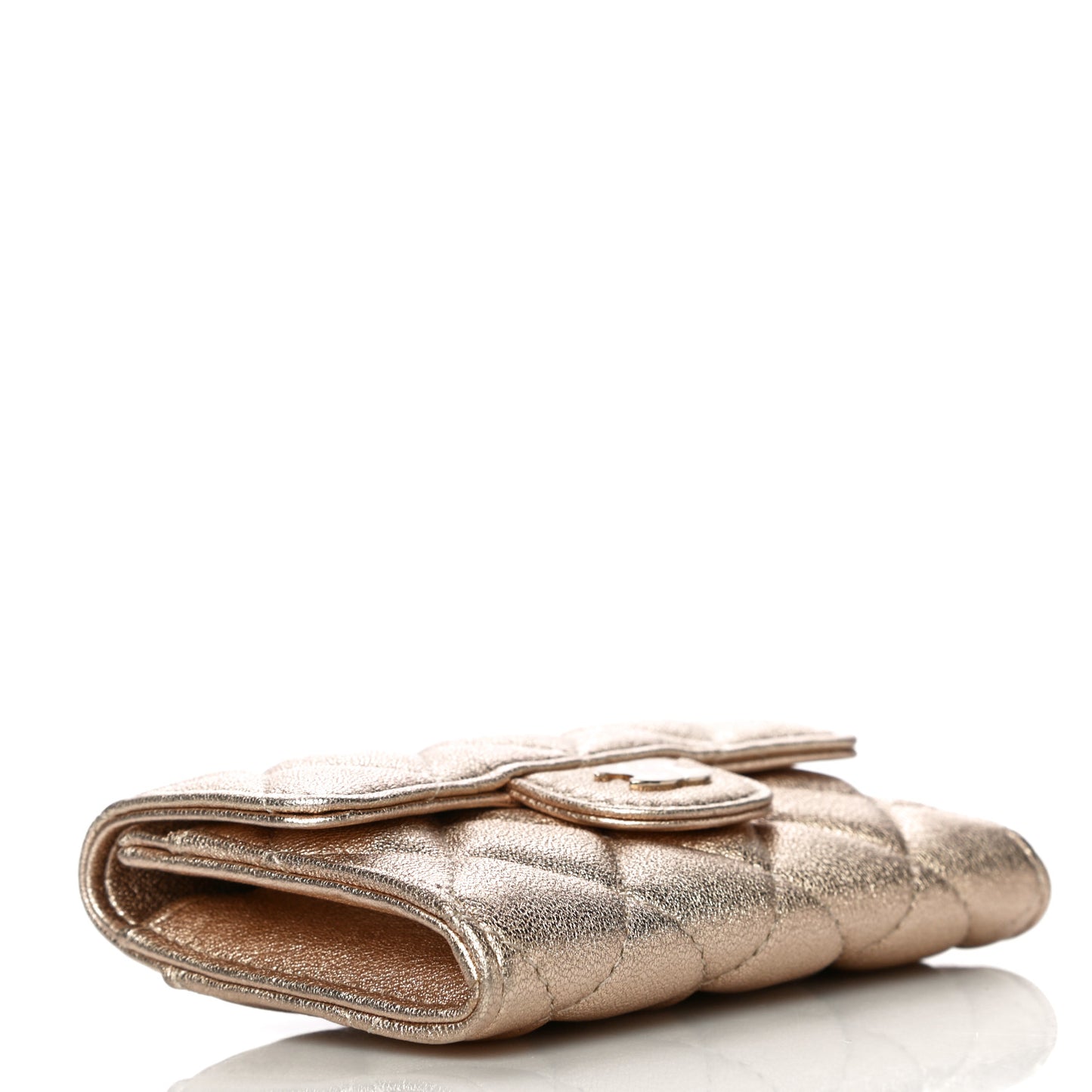 Metallic Lambskin Quilted Flap Card Holder Wallet Gold