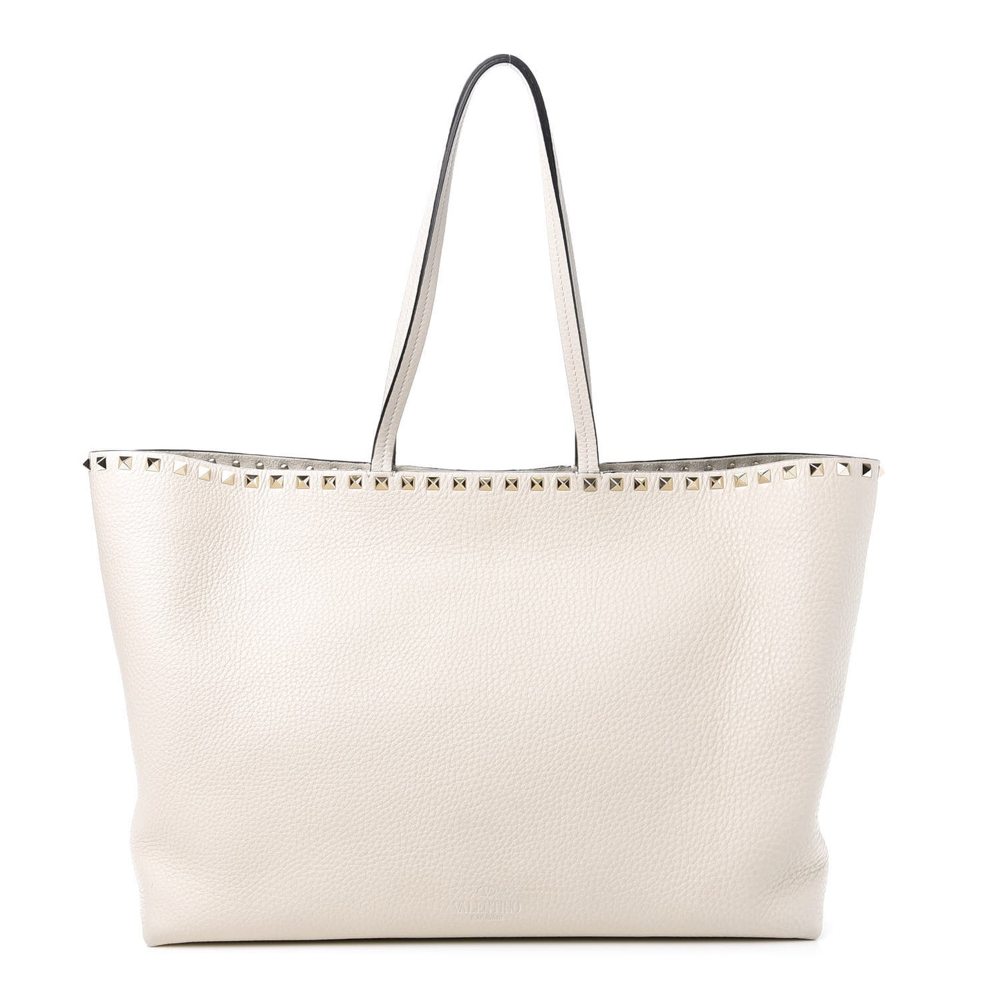 Grained Calfskin Rockstud Shoulder Tote Optic White