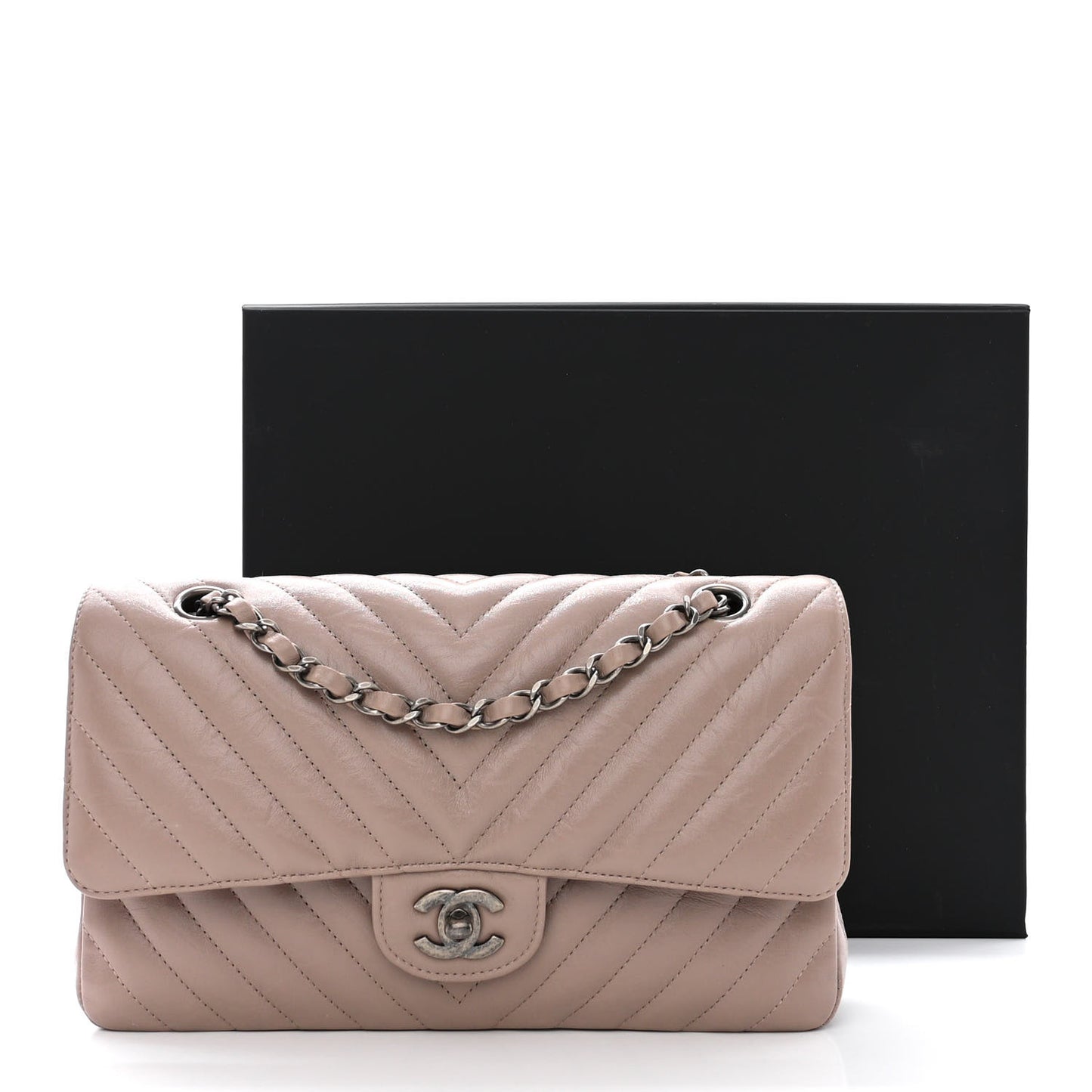 Iridescent Calfskin Chevron Quilted Medium Double Flap Grey