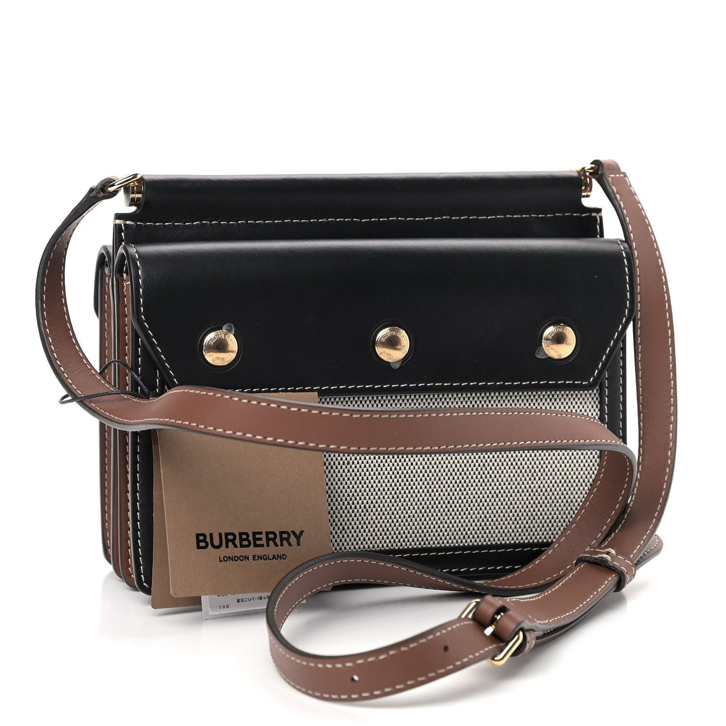 Smooth Calfskin Canvas Horseferry Print Mini Title Bag with Pocket Black Tan