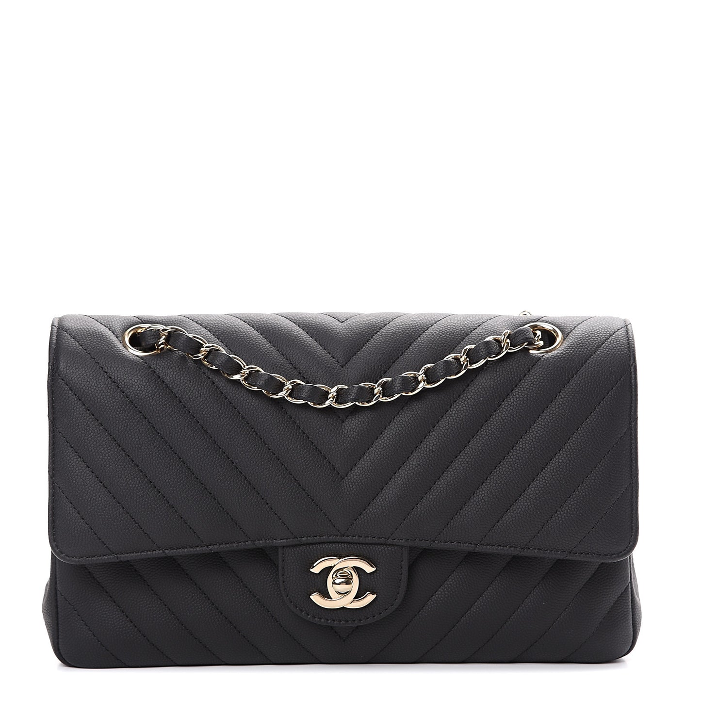 Caviar Chevron Quilted Medium Double Flap Black