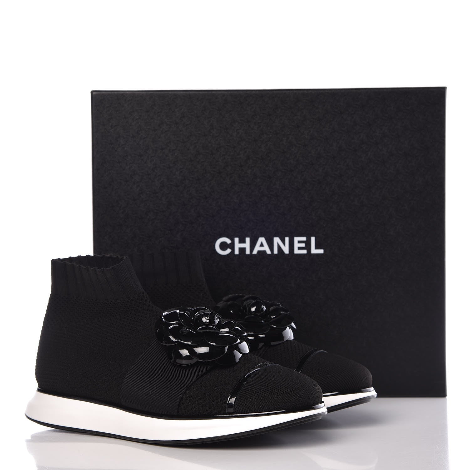 Chanel Knit Patent Calfskin Womens High Top Camellia Sneakers 40 Black 9 of 9