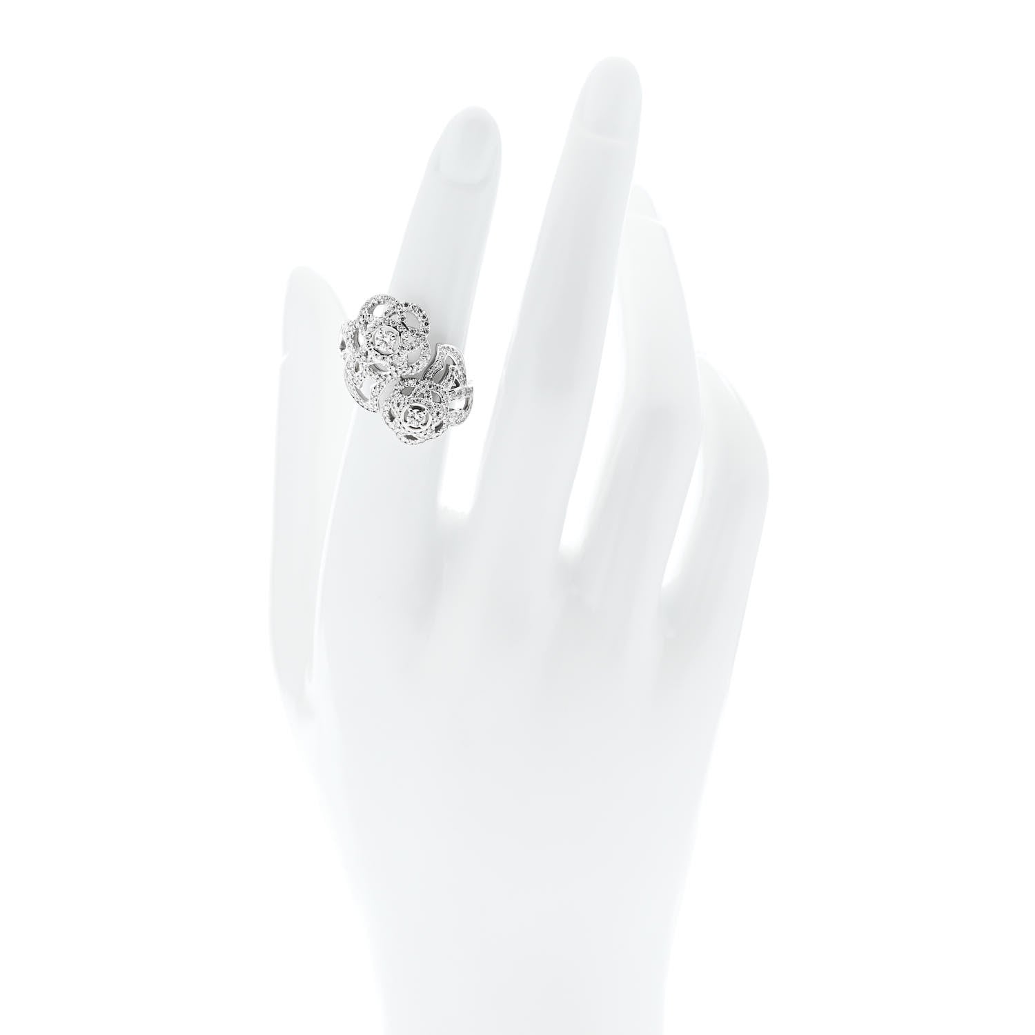 Chanel 18K White Gold Diamond Camelia Two Flower Ring 51 5.75 2 of 7