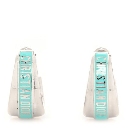 Christian Dior Metal Enamel Code Hoop Earrings Palladium Turquoise 1 of 6
