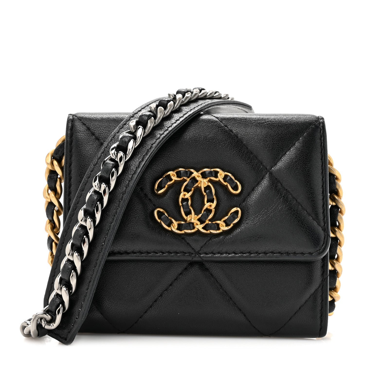 Chanel Lambskin Quilted Chanel 19 Flap Coin Purse With Chain Black 1 of 11