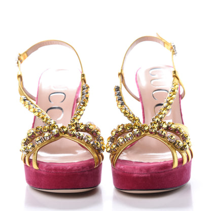 Gucci Velvet Nappa Crystal Zephyra Slingback Platform High Heel Sandals 36.5 Pink Gold 2 of 9