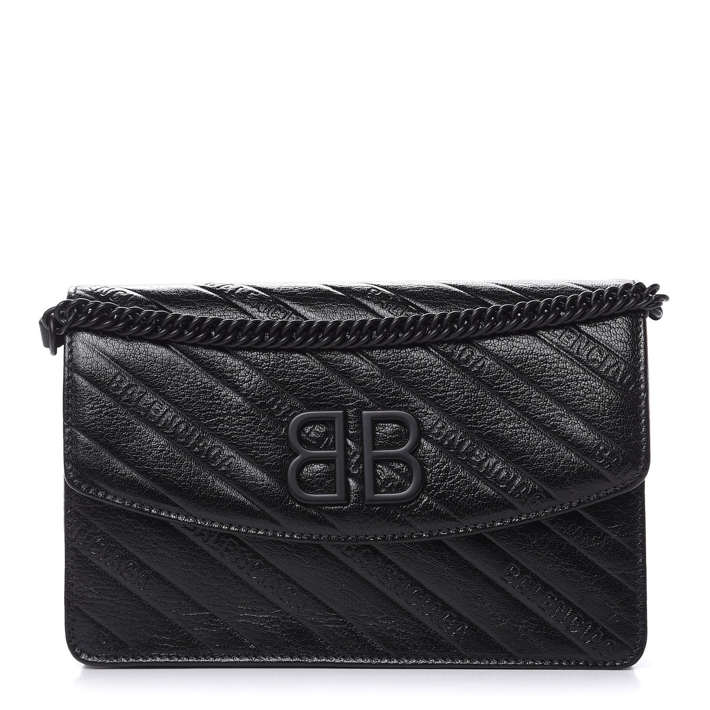 Shiny Goatskin Logo Embossed Monochrome BB Wallet On Chain Black