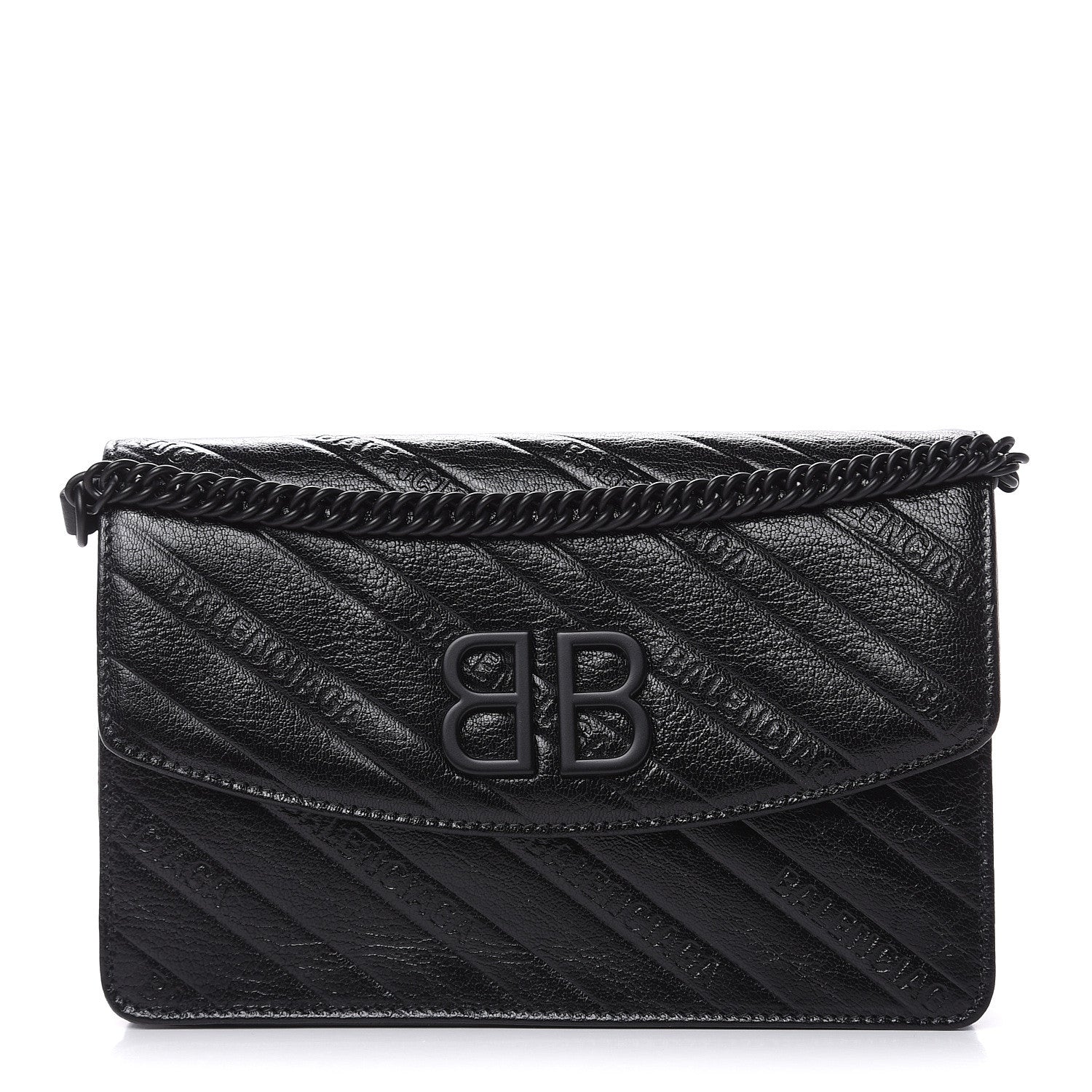 Balenciaga Shiny Goatskin Logo Embossed Monochrome BB Wallet On Chain Black 1 of 7