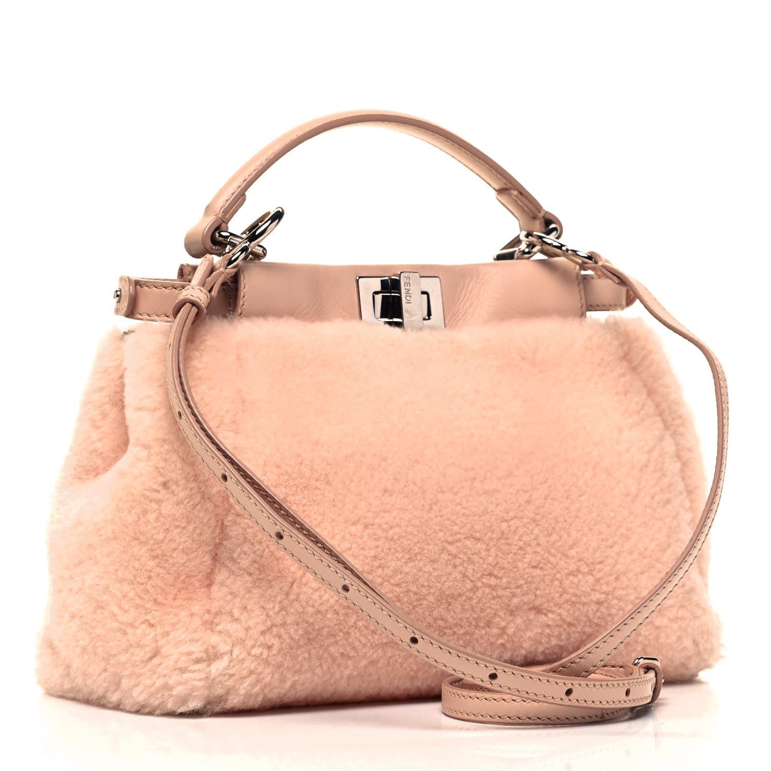 Fendi Shearling Shiny Nappa Mini Peekaboo Iconic Satchel Light Rose 3 of 10