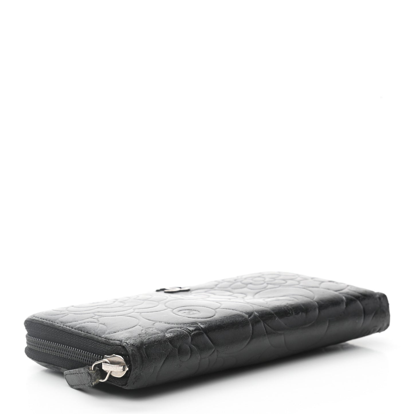 Lambskin Camellia Embossed Large Zip Around Gusset Wallet Black