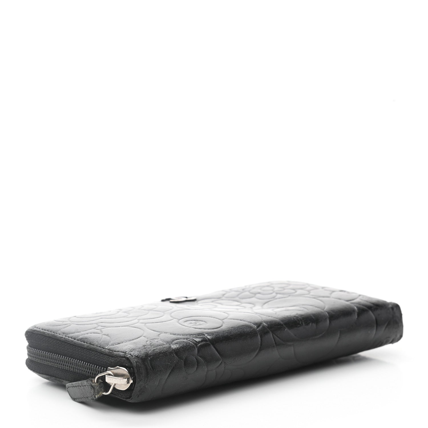 Chanel Lambskin Camellia Embossed Large Zip Around Gusset Wallet Black 4 of 8
