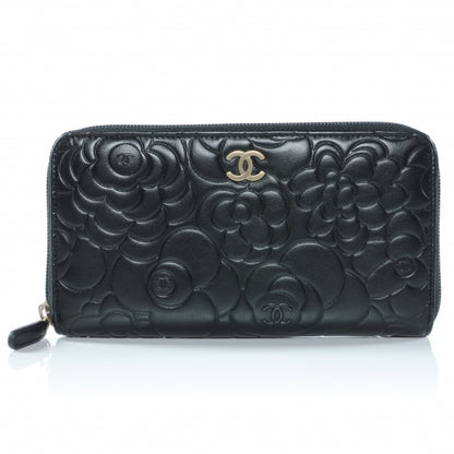Chanel Lambskin Camellia Embossed Large Zip Around Gusset Wallet Black 1 of 9