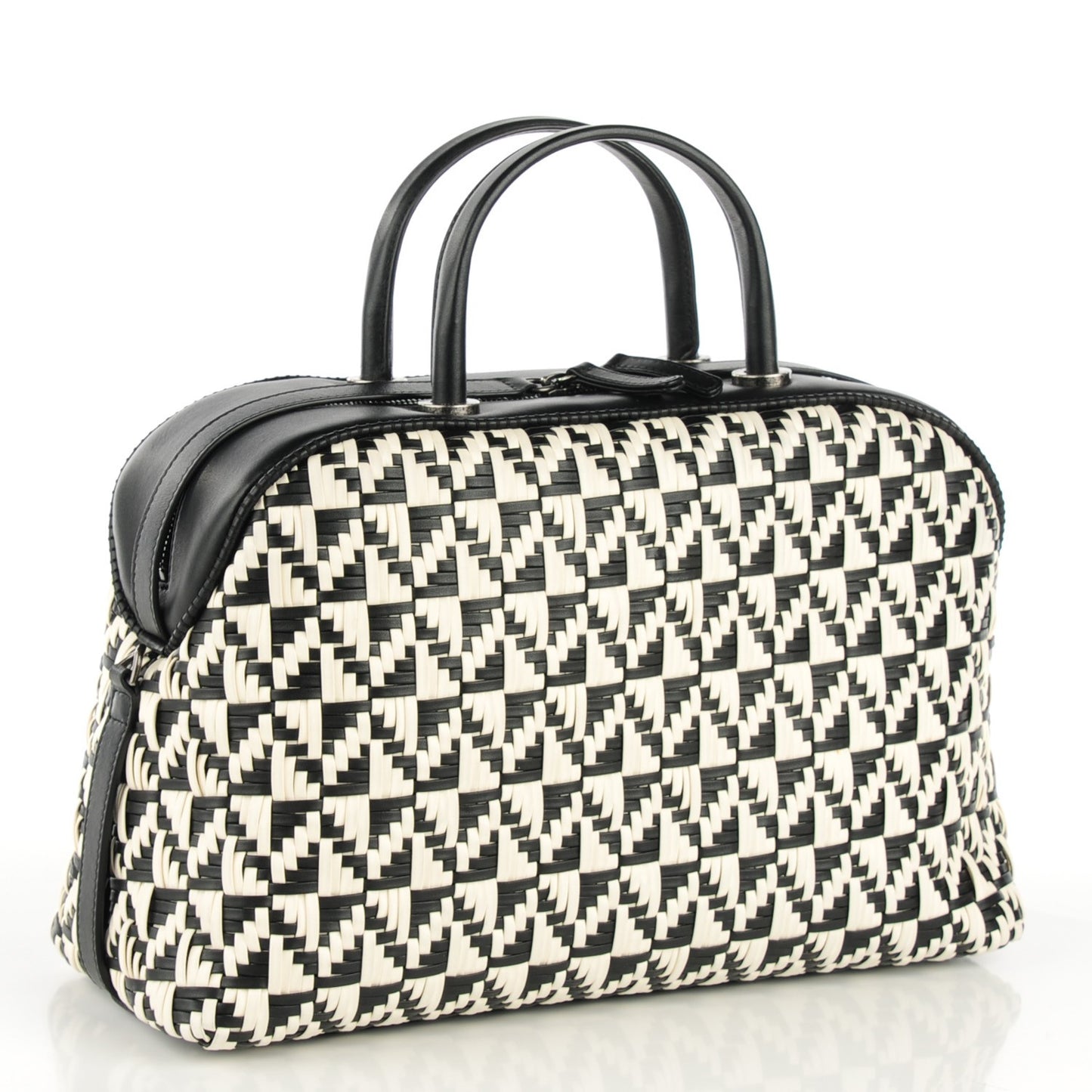 Calfskin Woven Bowling Bag Black White