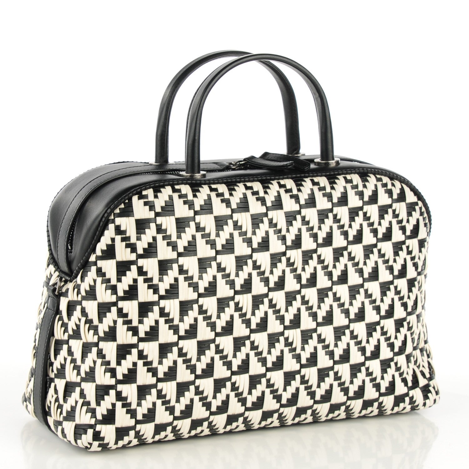 Chanel Calfskin Woven Bowling Bag Black White 3 of 7