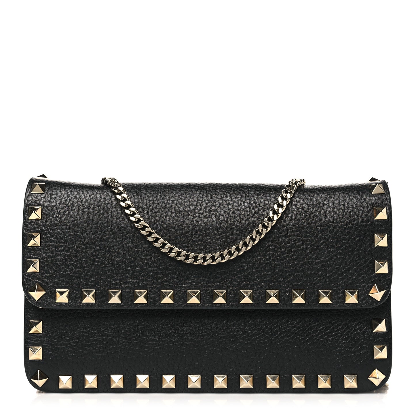 Pebbled Calfskin Rockstud Flap Wallet On Chain