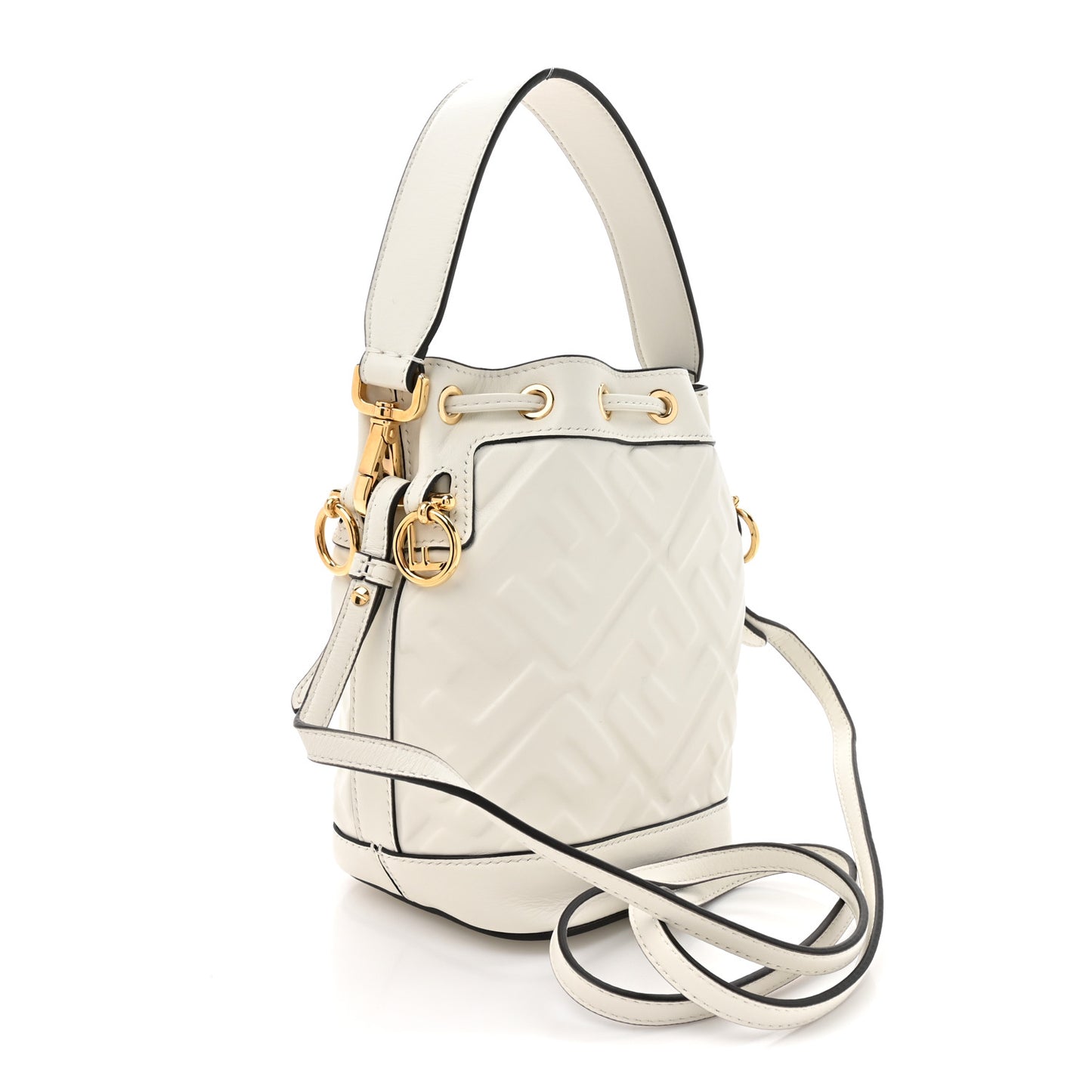 Vitello Liberty F is Fendi FF 1974 Embossed Mini Mon Tresor Bucket Bag White