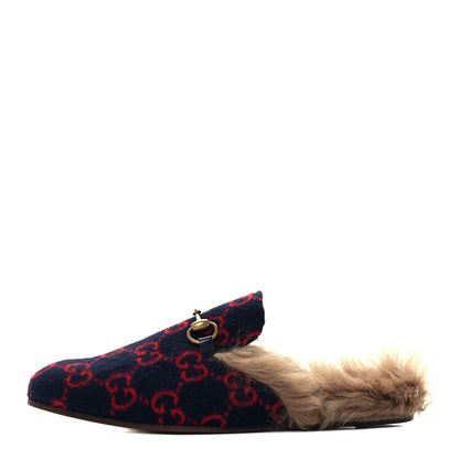 Gucci Velvet GG Monogram Fur Mens Princetown Slippers 7 Navy Red 1 of 11