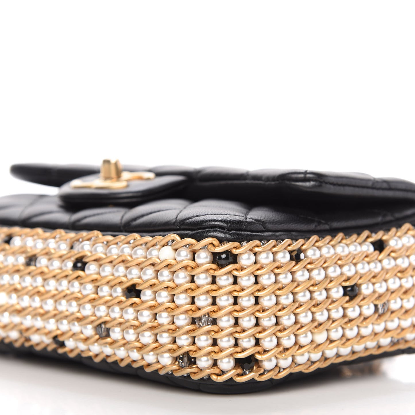 Lambskin Quilted Mini River of Pearls Flap Bag Black