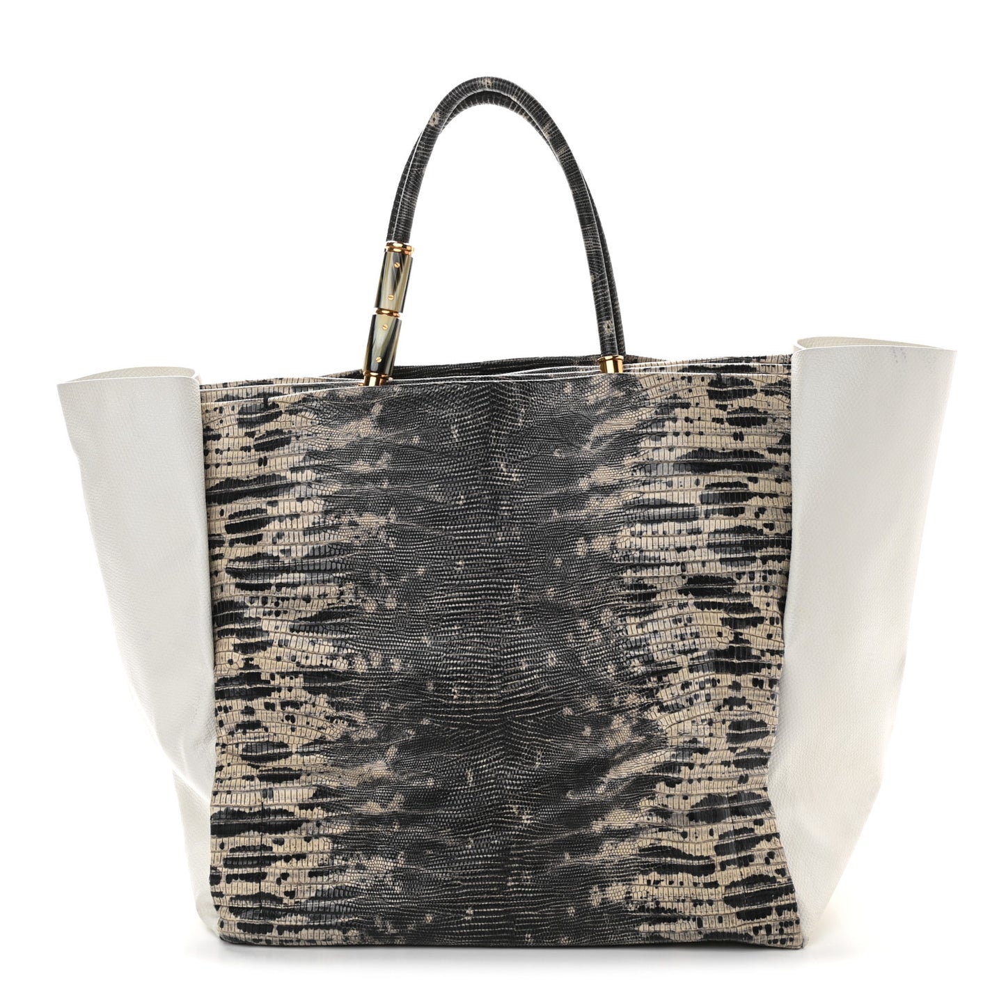 Lizard Effect Calfskin Moon River Tote Black White