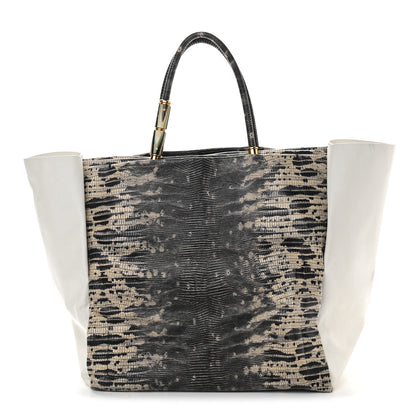 Lanvin Lizard Effect Calfskin Moon River Tote Black White 1 of 9