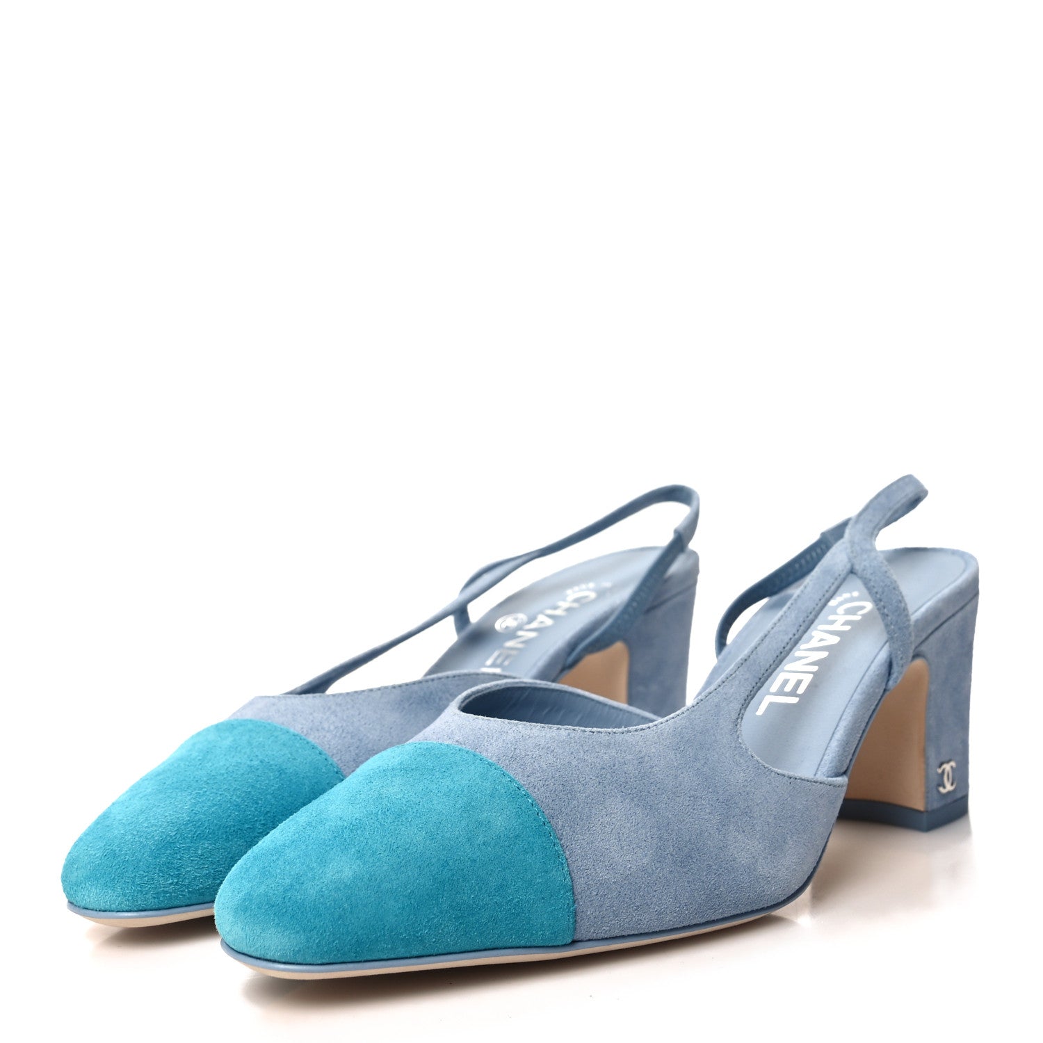 Chanel Suede Cap Toe CC Slingback Pumps 37.5 Light Blue Turquoise 3 of 9