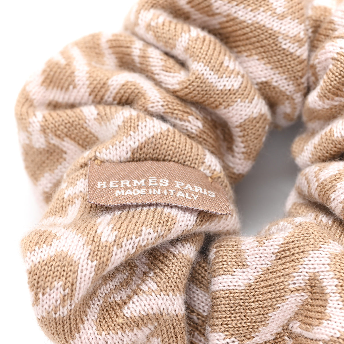 Hermes Jacquard Cashmere Knit Silk Claudia Scrunchie Beige Rose 3 of 4