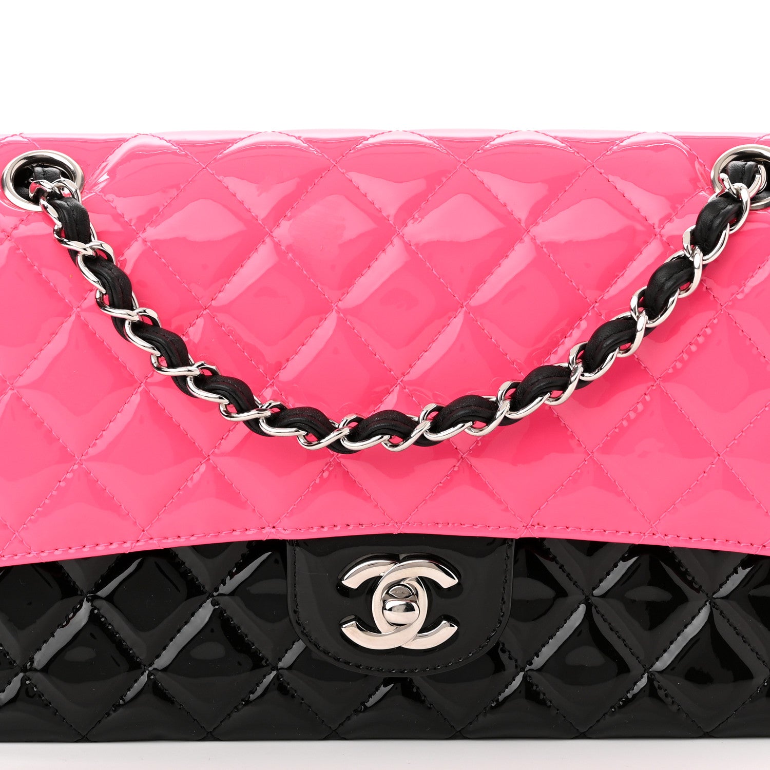 Chanel Patent Calfskin Quilted Bi-Color Medium Double Flap Pink Black 8 of 10