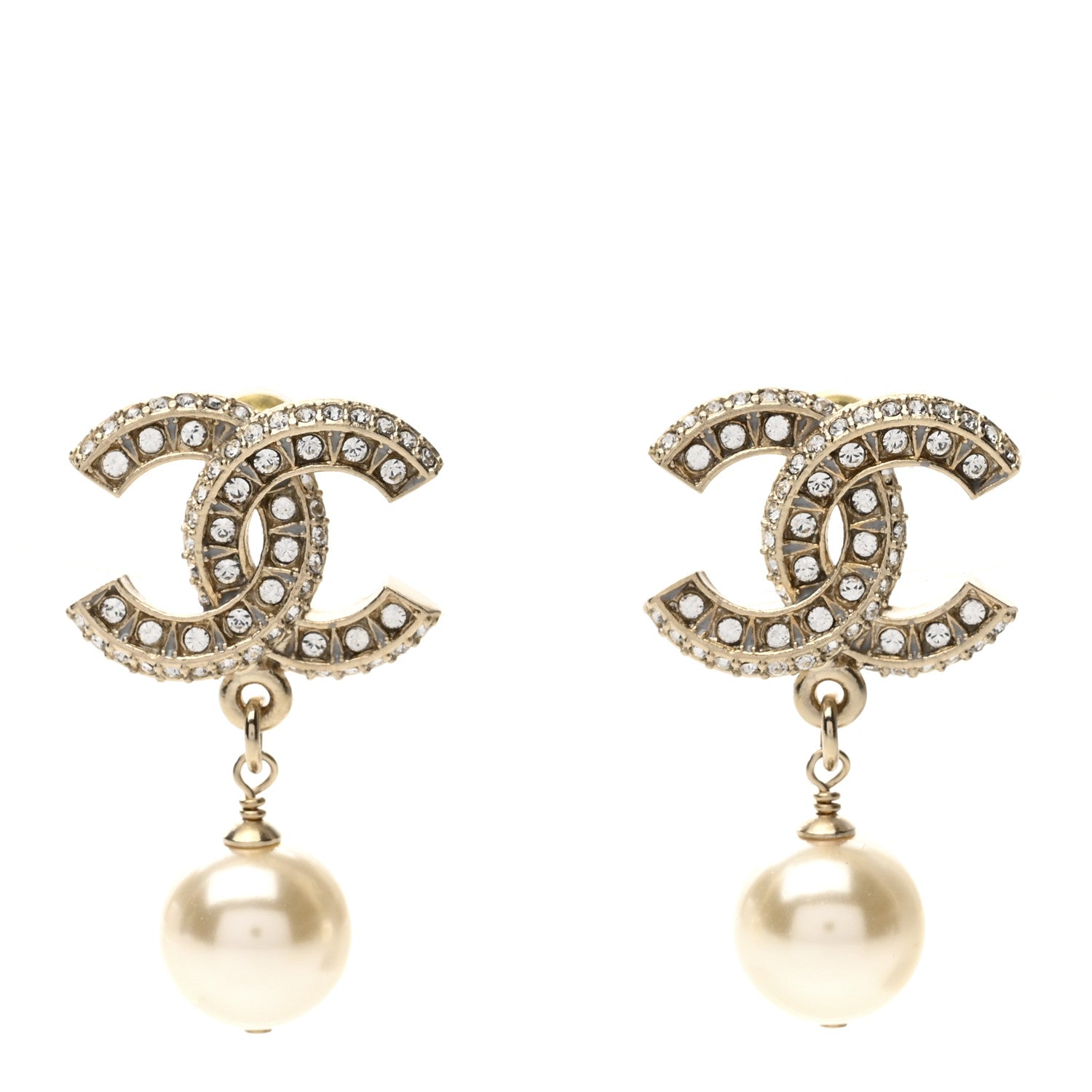 Chanel Crystal Timeless CC Pearl Drop Earrings Light Gold 1 of 5