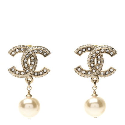 Chanel Crystal Timeless CC Pearl Drop Earrings Light Gold 1 of 5