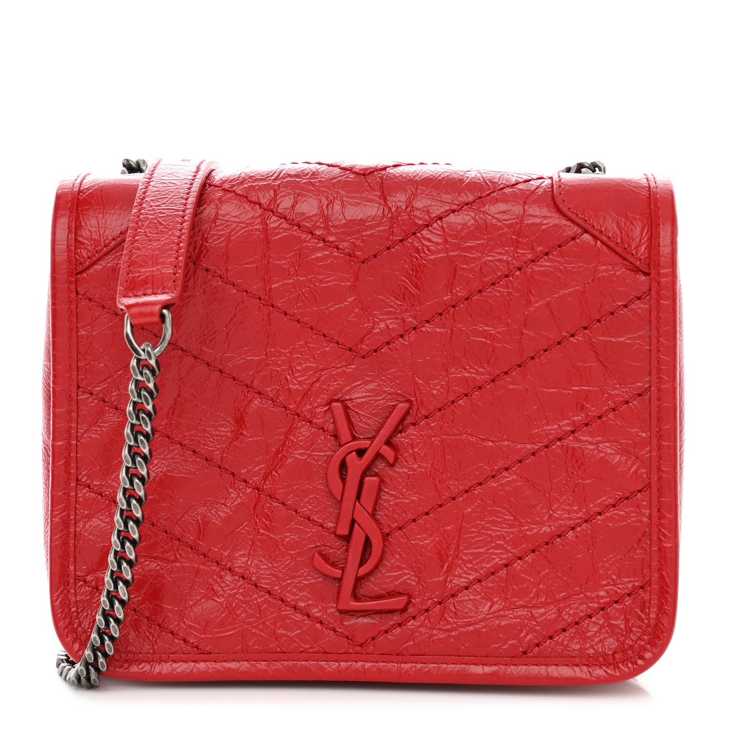 Saint Laurent Crinkled Calfskin Matelasse Monogram Niki Chain Wallet Red 1 of 12