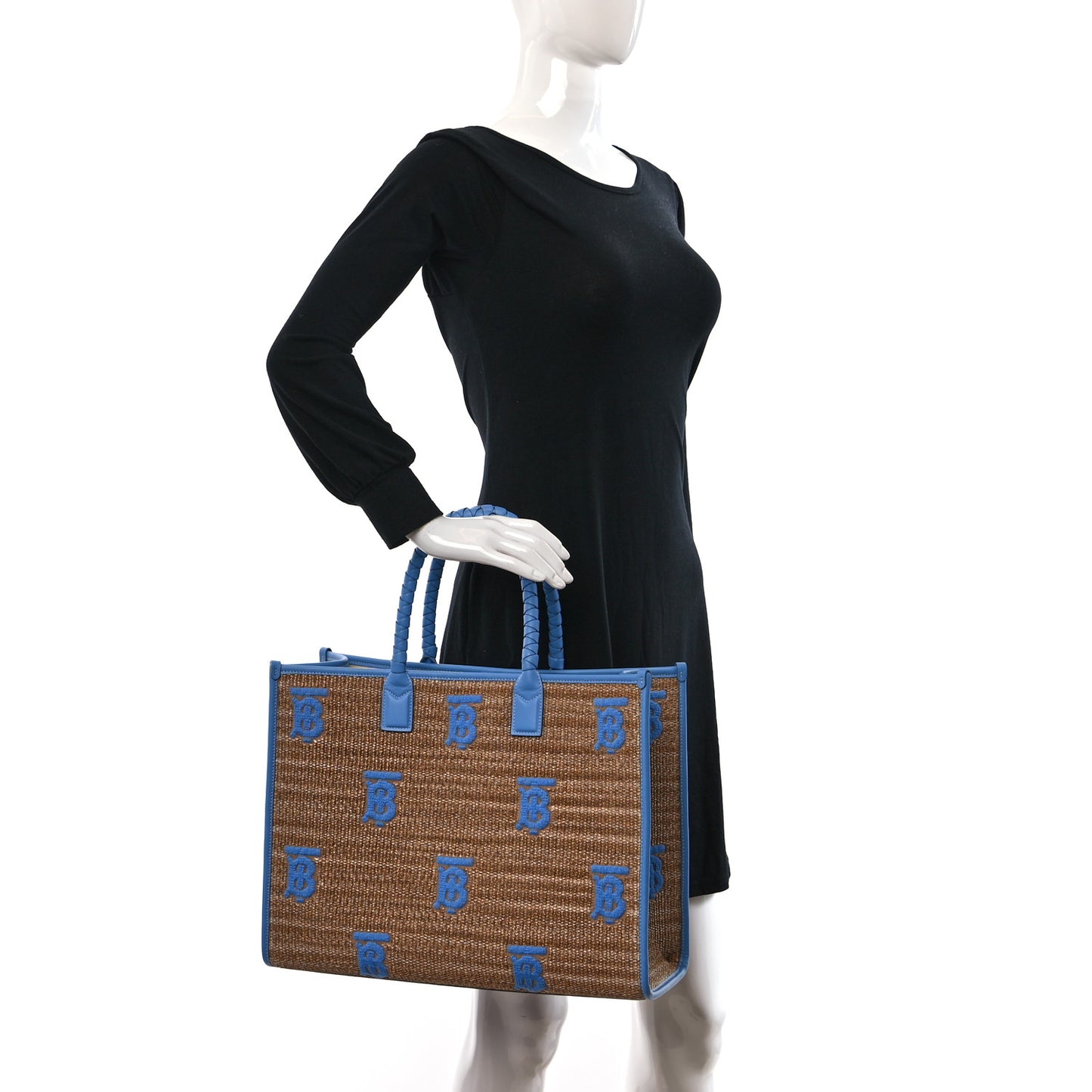 Raffia Calfskin Large Freya Tote Natural Cool Blue
