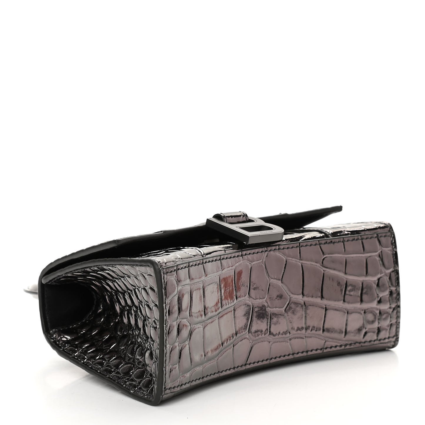 Shiny Calfskin Crocodile Embossed Hourglass Top Handle Bag XS Gunmetal