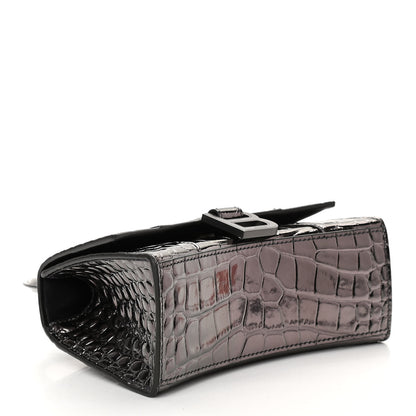 Balenciaga Shiny Calfskin Crocodile Embossed Hourglass Top Handle Bag XS Gunmetal 4 of 9
