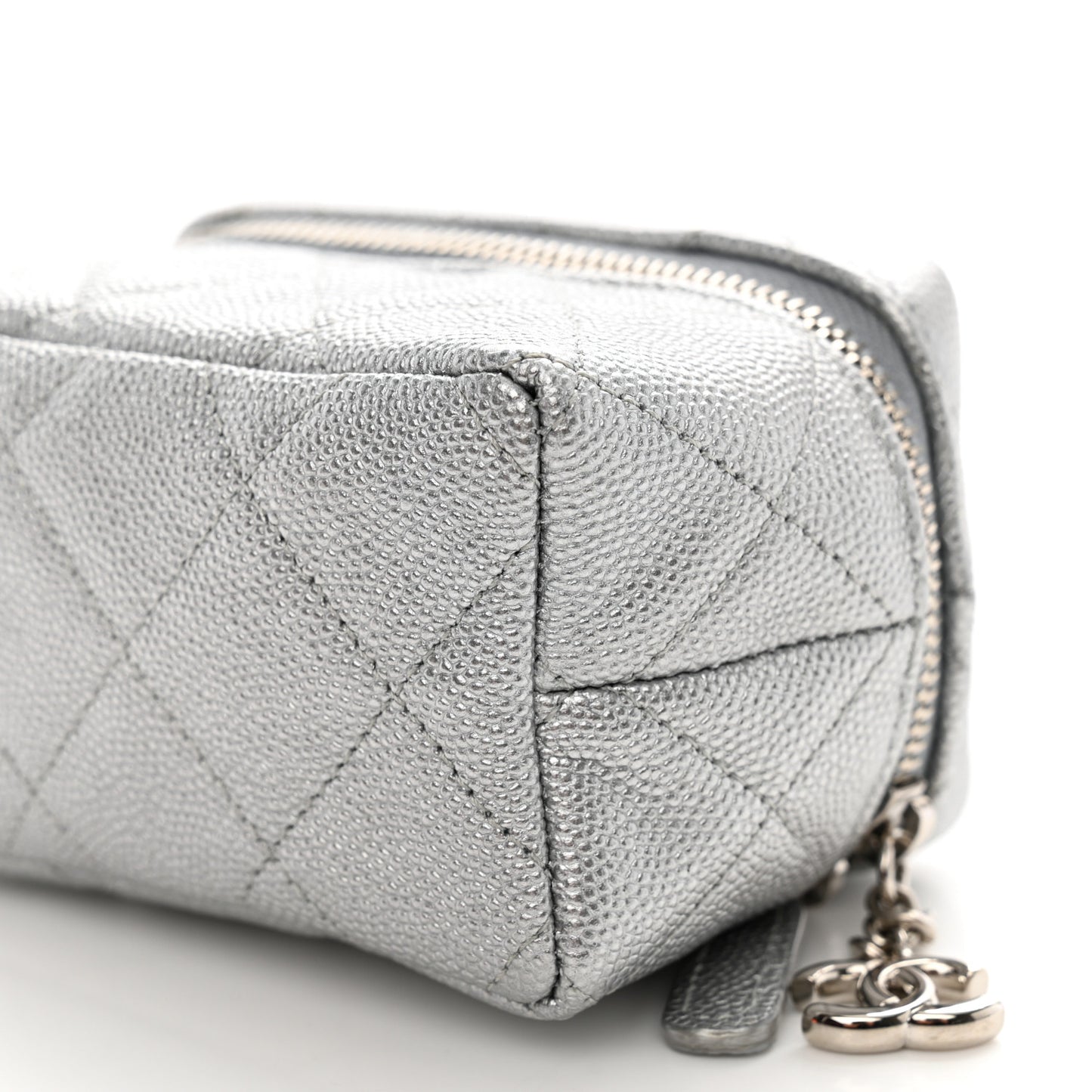 Metallic Caviar Quilted Mini Top Handle Vanity With Chain Silver