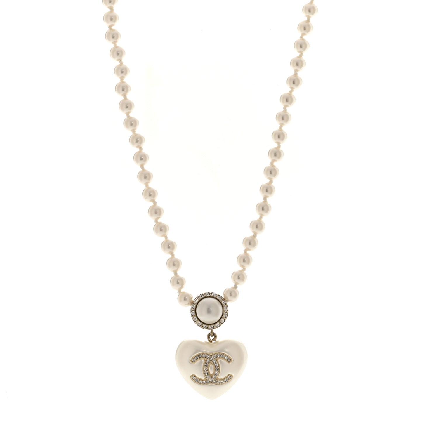 Pearl Crystal CC Heart Short Necklace Pearly White Gold