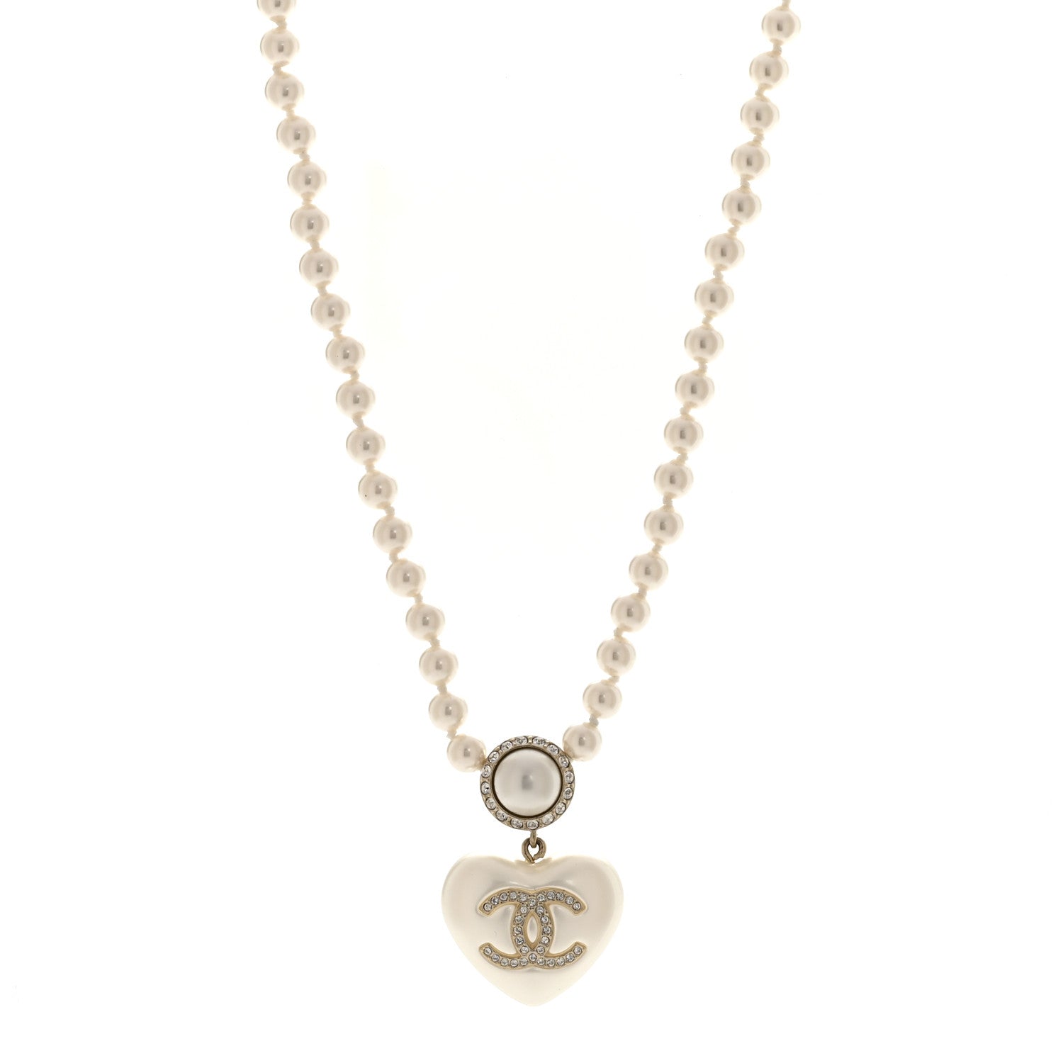 Chanel Pearl Crystal CC Heart Short Necklace Pearly White Gold 1 of 6