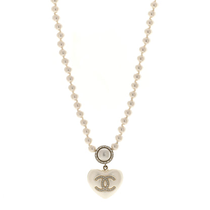 Chanel Pearl Crystal CC Heart Short Necklace Pearly White Gold 1 of 6