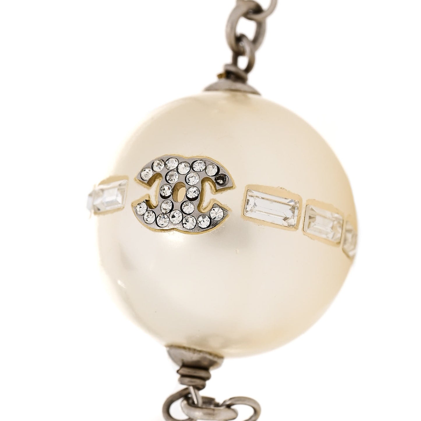 Baguette Crystal Pearl CC Long Necklace Silver