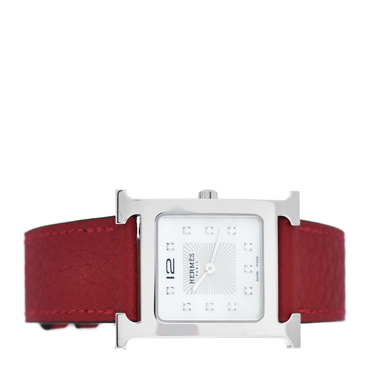 Hermes Stainless Steel Courchevel Diamond Mother of Pearl 26mm Heure H Hour Quartz Watch Rouge 2 of 5