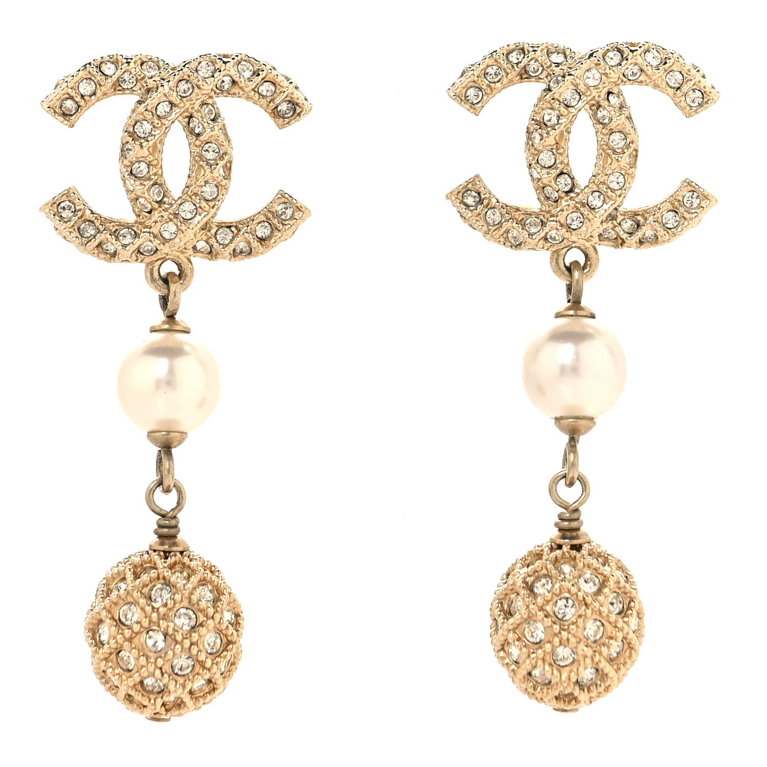 Chanel Crystal Pearl CC Drop Earrings Gold Pearly White 1 of 4