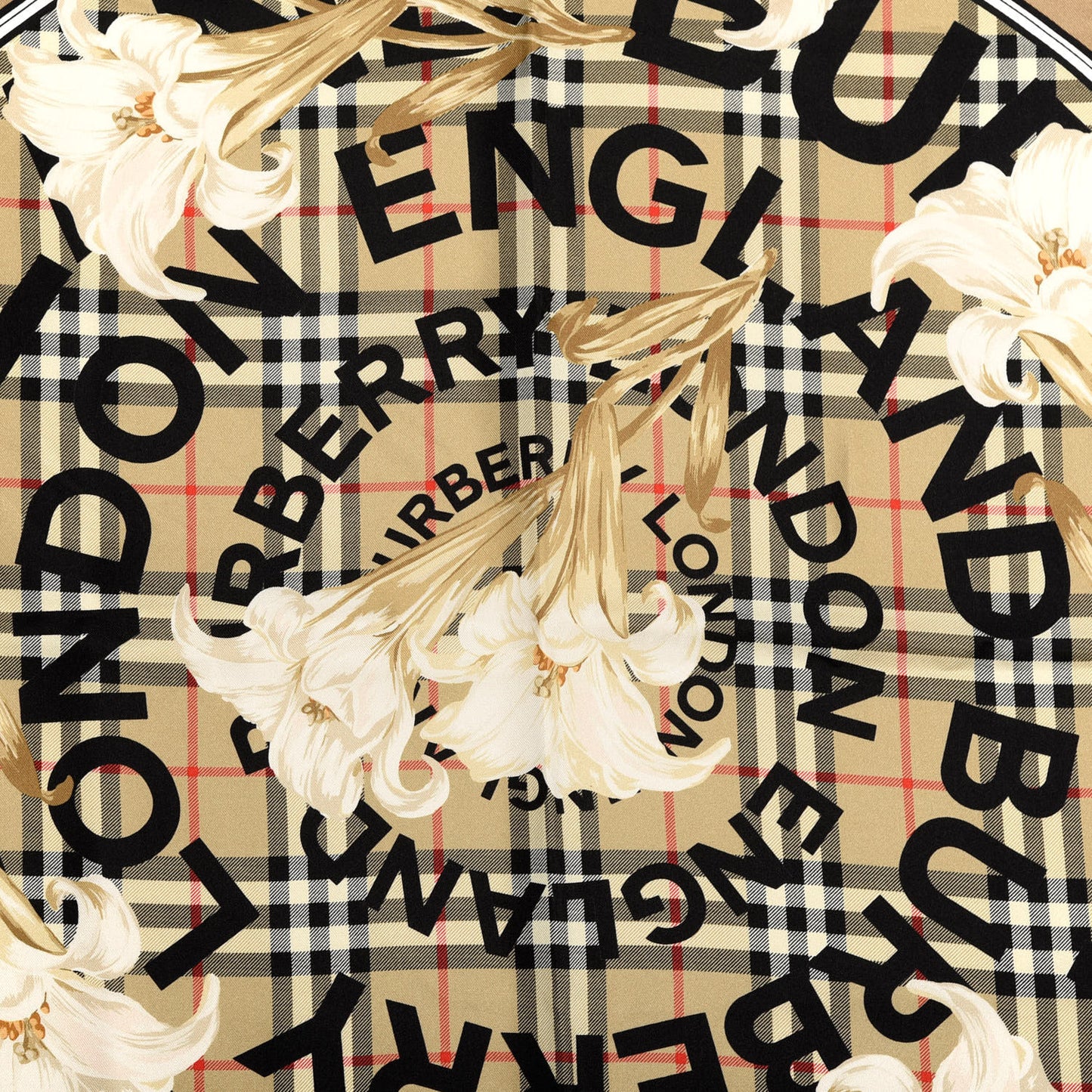 Silk Check Lillies Square Scarf Archive Beige