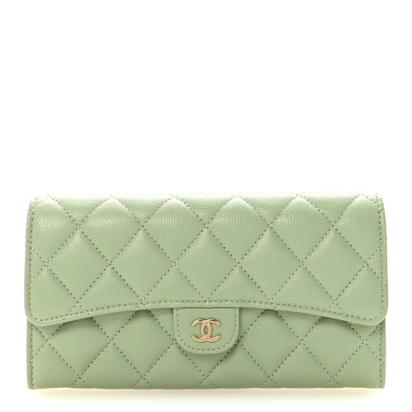 Caviar Quilted Large Gusset Flap Wallet Light Green
