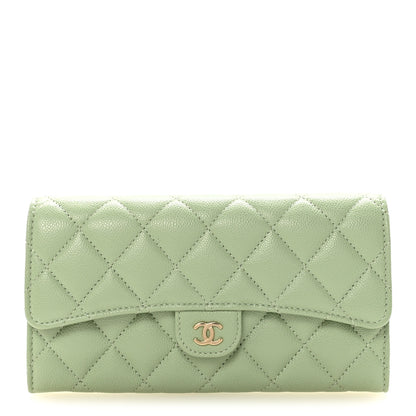 Chanel Caviar Quilted Large Gusset Flap Wallet Light Green 1 of 9